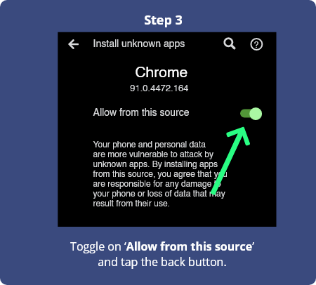 How to install KickRummy Step 3 - Toggle on 'allow frm this source' and hit the back button